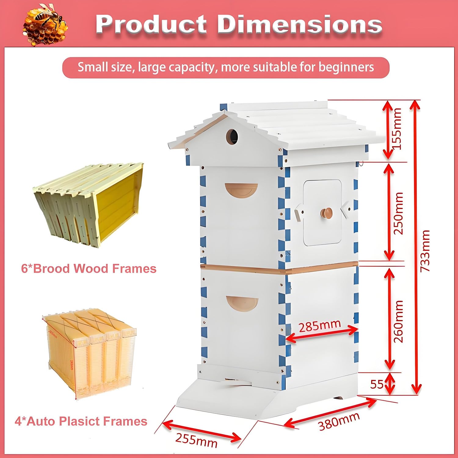 Kit de démarrage de ruche en bois auto-fluide avec fenêtre d'observation et bec à miel, kit d'apiculture complet pour débutants et amateurs