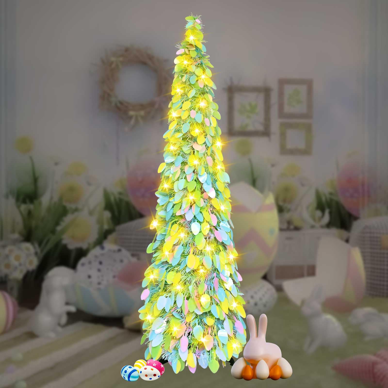 Ruaizel Pop Up Easter Tree, Collapsible Artificial Easter Tree with Lights for Xmas Holiday Party Carnival Decorations