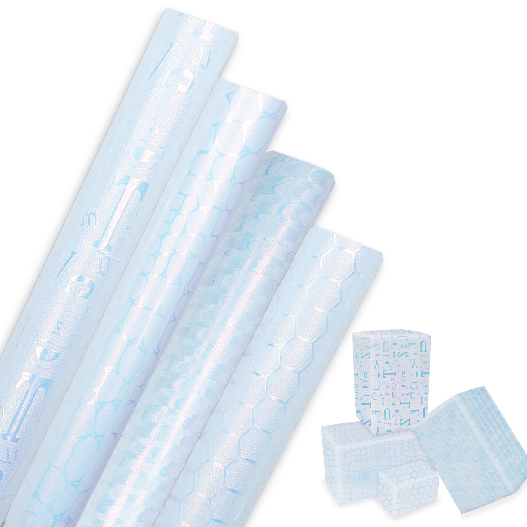 4 Rolls Blue Pearlescent Wrapping Paper 43cm× 3m, Gift Wrap Set with Unique Designs for Birthdays, Baby Showers, Holidays