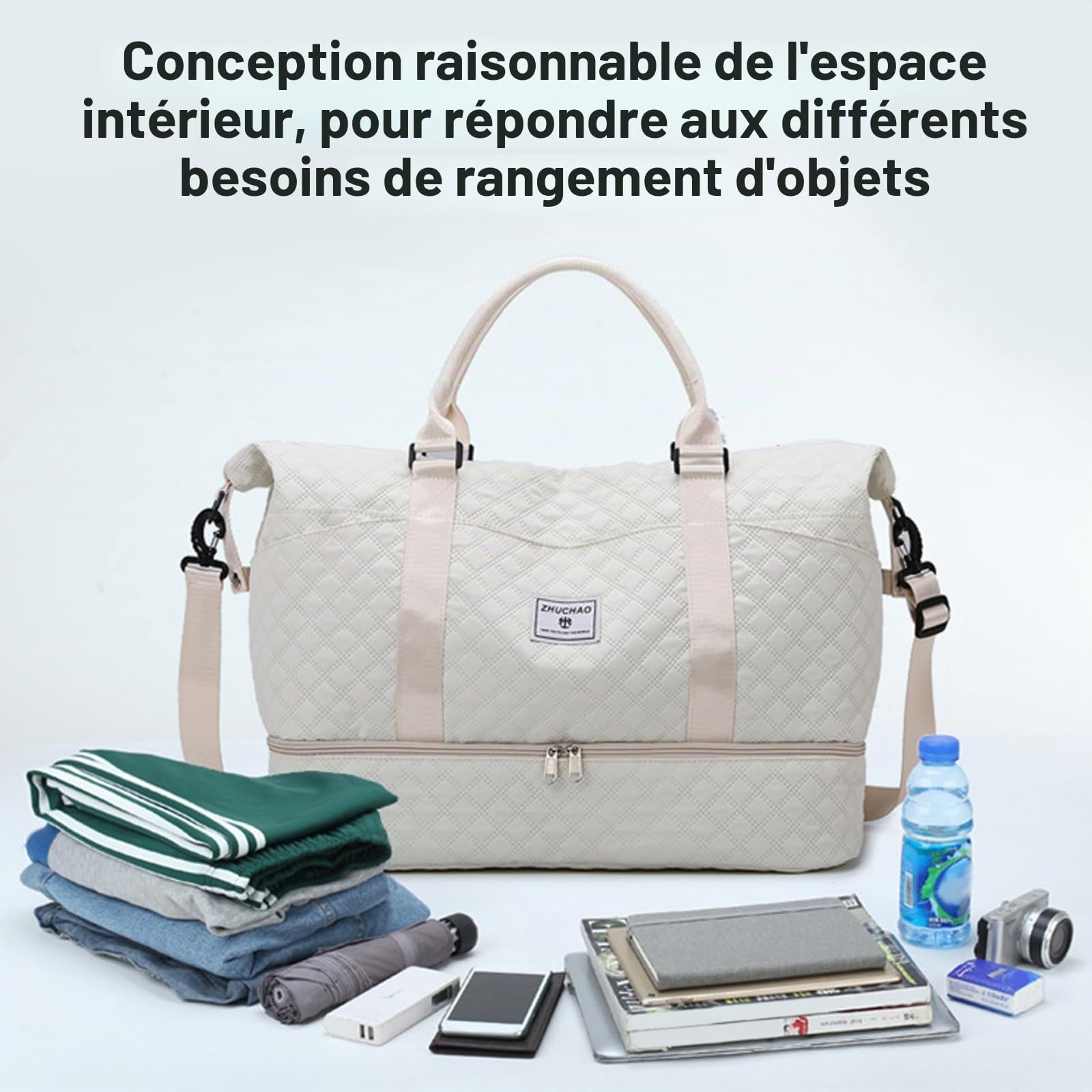 Balakaka Sac de Voyage Femme 42 L avec Trousse de Toilette 1.3L, Sac de Sport Gym avec Compartiment de Chaussures et Poche Humide, Grand Imperméable Weekend Travel Duffel Bag pour Voyages, Gris Clair