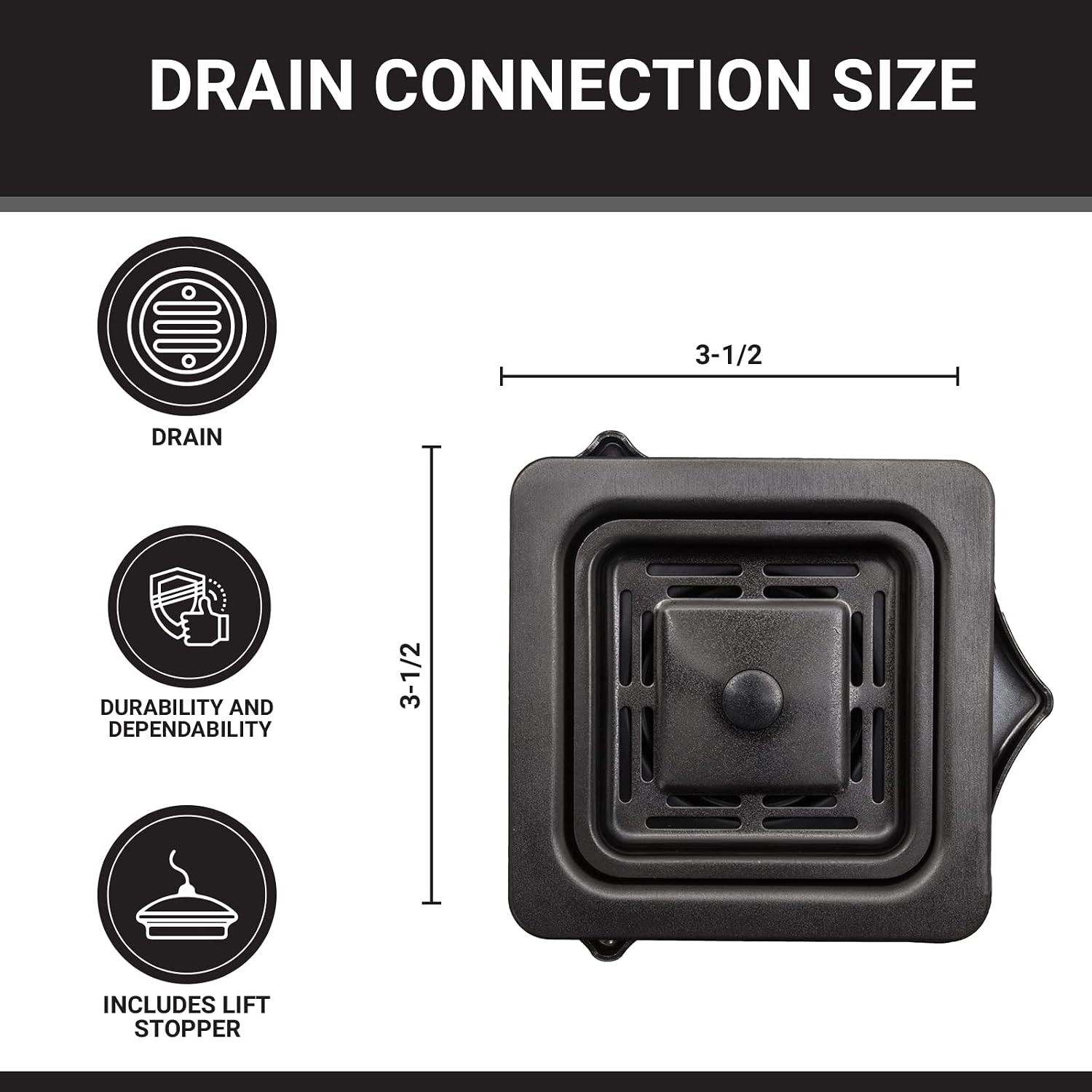 Strictly Sinks Stainless Steel Square Garbage Disposal Adapter for Kitchen Sink-Highly Durable & Stain Resistant Kitchen Sink Drain with Garbage Disposal Stopper (Black)