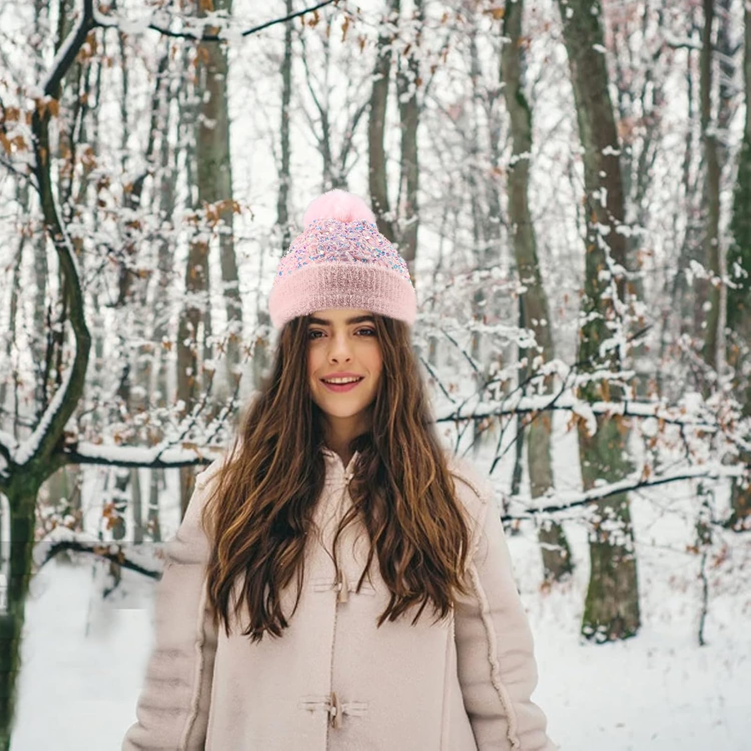 Women Winter Hat Knitted Beanie Hat with Removable Faux Fur Pompom Sequin Knit Cap Beanie - Image 4
