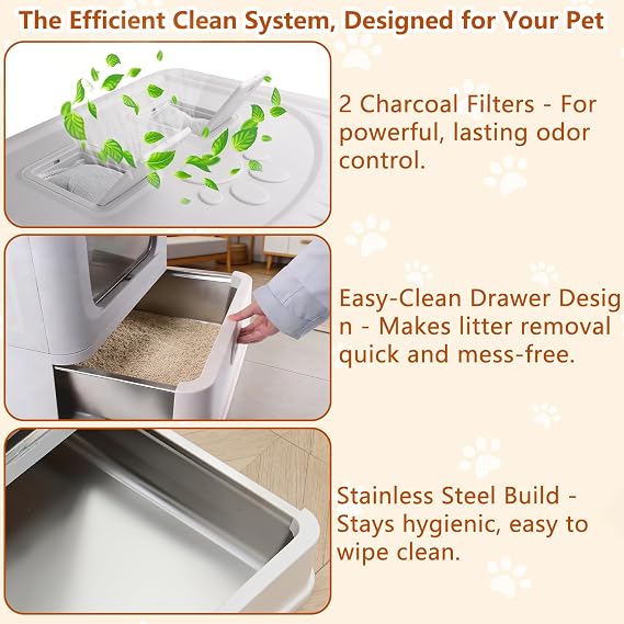 Stainless Steel Cat Litter Tray, Foldable XXL Cat Litter Tray with Lid and Drawer, Closed Stainless Steel Cat Litter Tray, Easy Cleaning, No Urine Leakage, Odour Control, with Cat Litter Mat