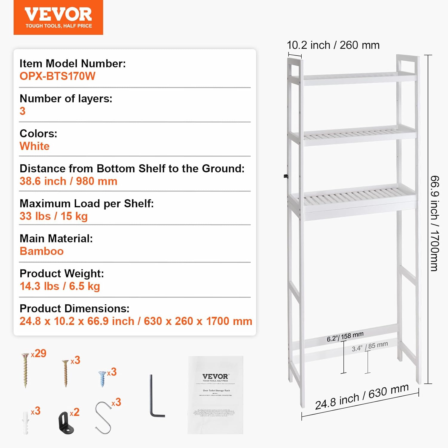 VEVOR Over The Toilet Storage, 3-Tier Adjustable Over Toilet Bathroom Organizer, Bamboo Storage Shelf Rack with 3 Hooks, Freestanding Easy Assembly Laundry Space Saver, Fit Most Toilets