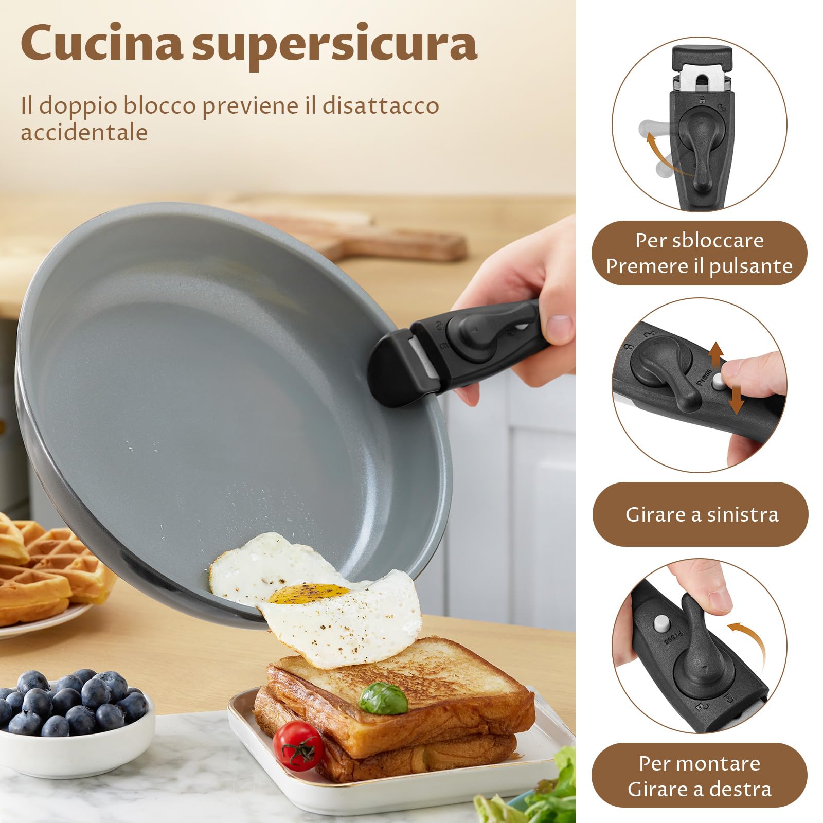 BEZIA Set di Padelle da 17 Pezzi con Manico Rimovibile, Ceramica Antiaderente, Pentole Induzione, Compatibile con Induzione e Gas, Impilabile, Adatto ai Forni, Senza Ptfe & Pfoa & Pfas