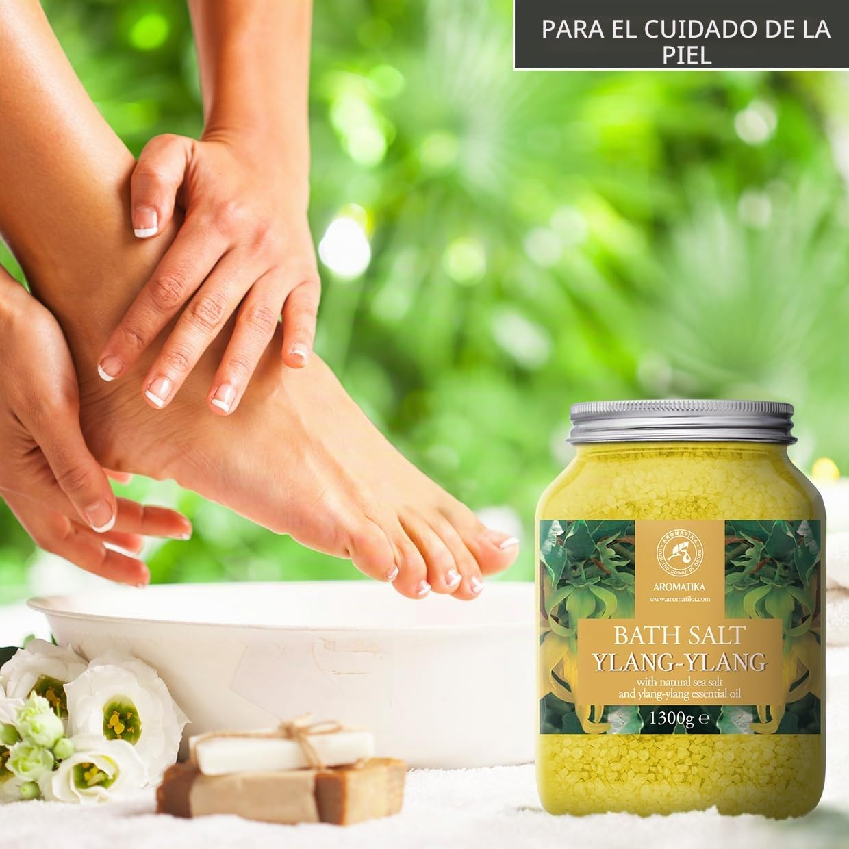 Sal de Baño con Aceite Esencial Ylang Ylang - 1300g - Espuma de Baño - Baños de Burbujas - Cuidado del Cuerpo - Buen Sueño - Bienestar - Relajación - Aromaterapia - Aroma Ylang
