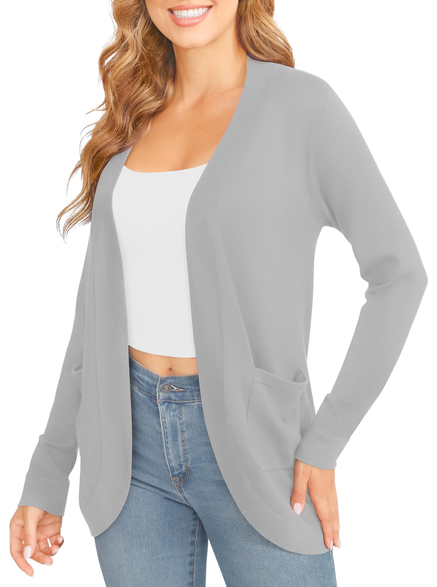 Mujeres Elegante Ligero Manga Larga Cardigan Dobladillo Curvo Frente Abierto Punto Suéter con Bolsillos