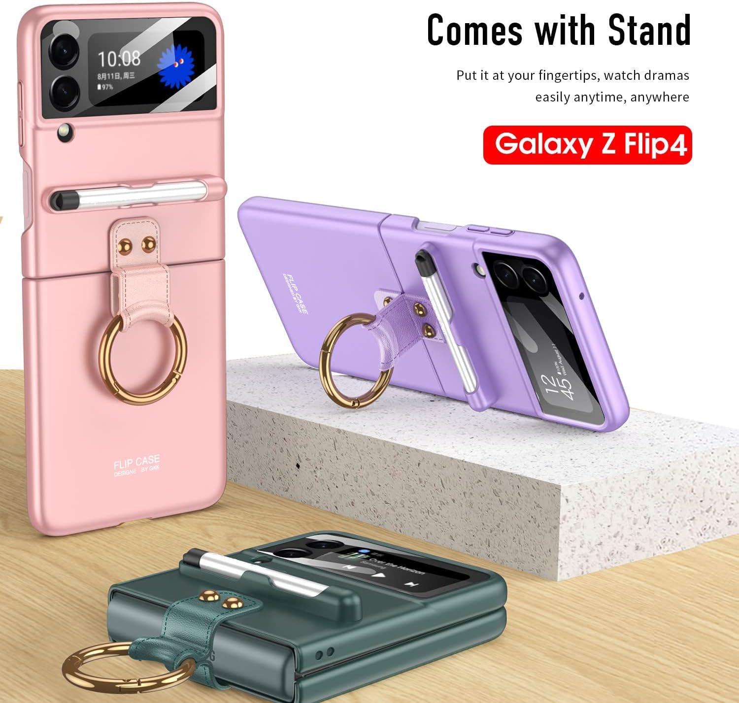 kaitesi Ring Case for Galaxy Z Flip 4 Case with S Pen and Camera Screen Protector S Pen Holder Ultra-Thin Slim Hard PC Shockproof Case with Kickstand Ring Holder (Green)