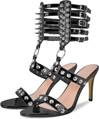 richealnini Sparkle Studded Rivet Heels for Women Ankle Buckle Wrap Strappy Sandals Gladiator Stiletto High Heels