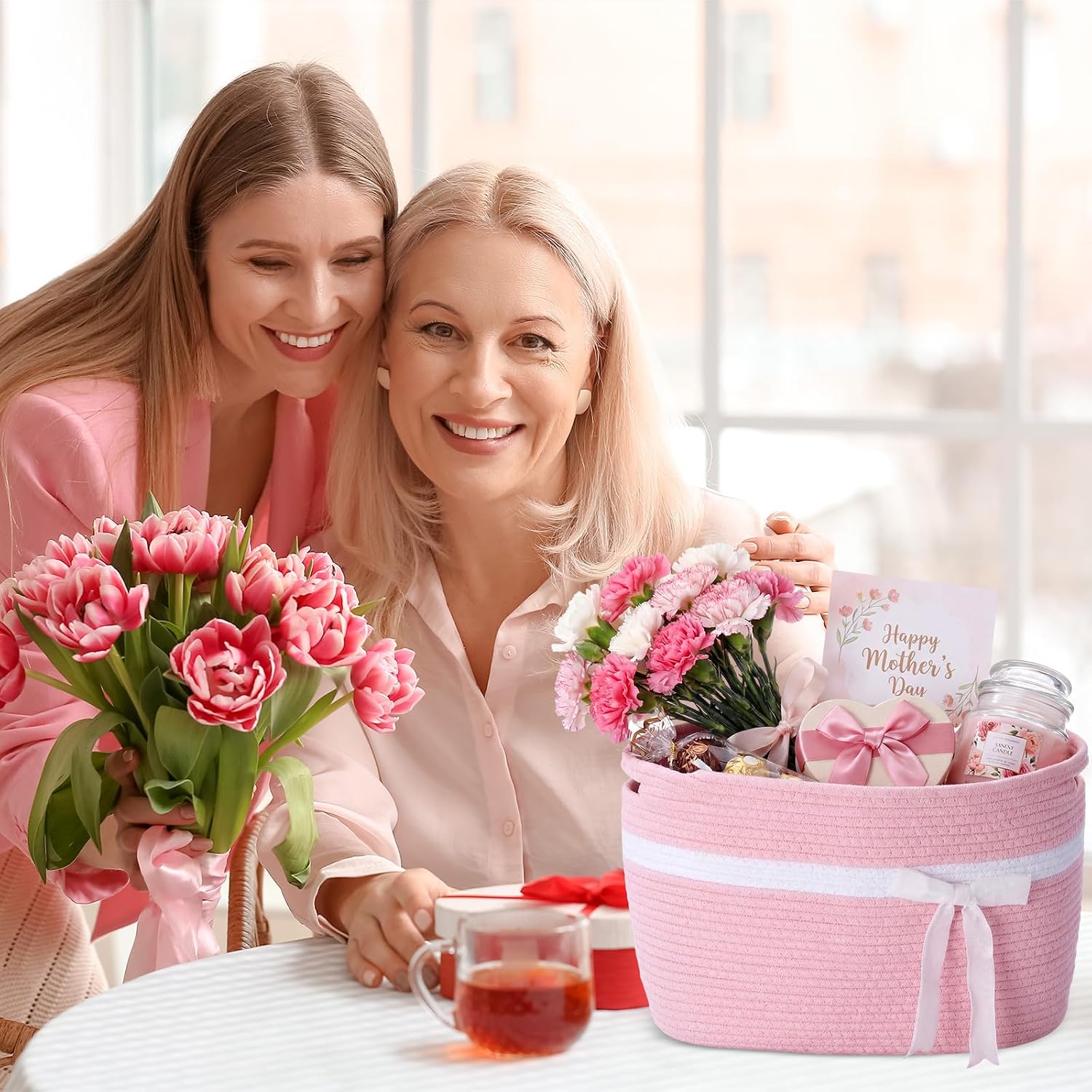 Willinglong 2 Pack Large Woven Baskets for Storage with Handle, Cotton Rope Organizer with Velvet Bow, Decorative Basket for Nursery, Closet & Gift Basket, 15 x 10 x 9 Inch (Pink)
