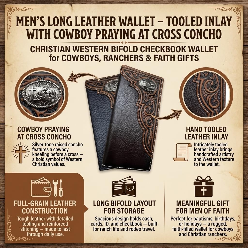 Men's Long Leather Wallet – Western Tooled Bifold Checkbook Organizer with Cowboy Concho (Cowboy Praying, Brown)