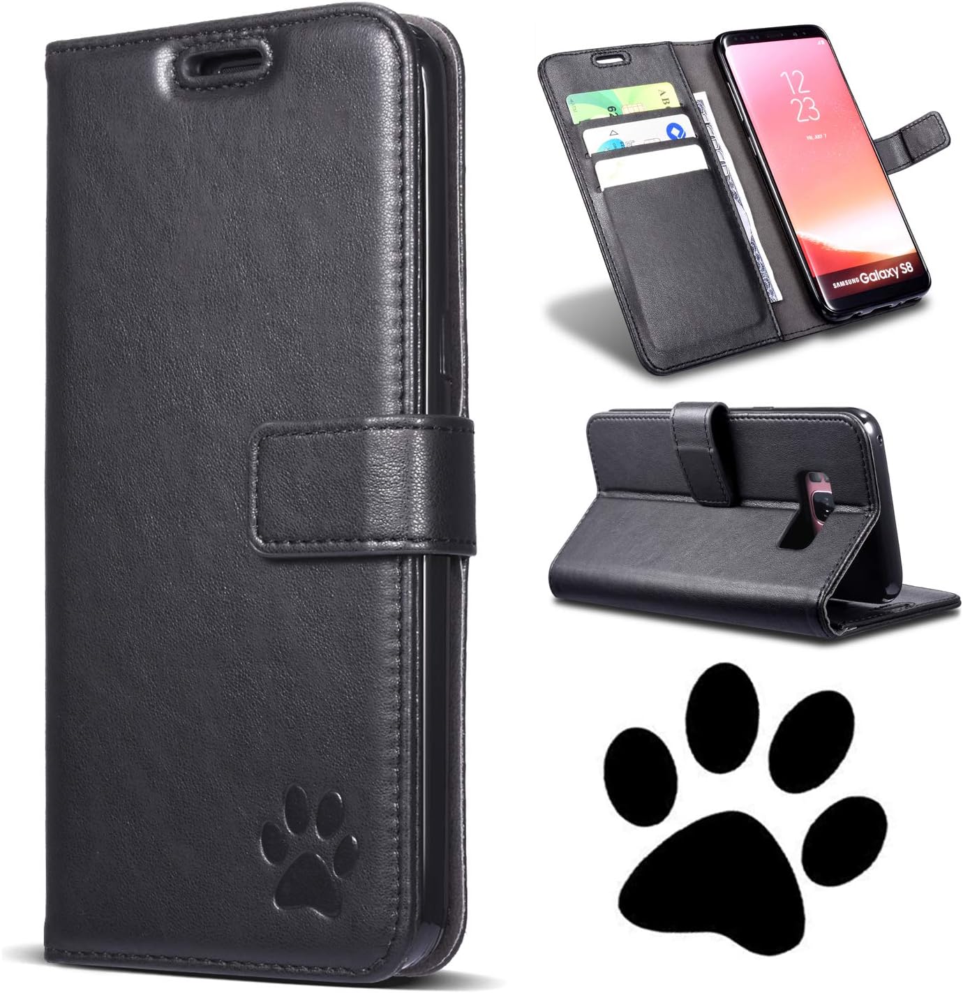 QLTYPRI Wallet Case for Samsung Galaxy S7 Edge, Premium PU Leather Cover TPU Bumper Card Holder Kickstand Shockproof Embossed Bear Paw Pattern Compatible with Samsung Galaxy S7 Edge - Black