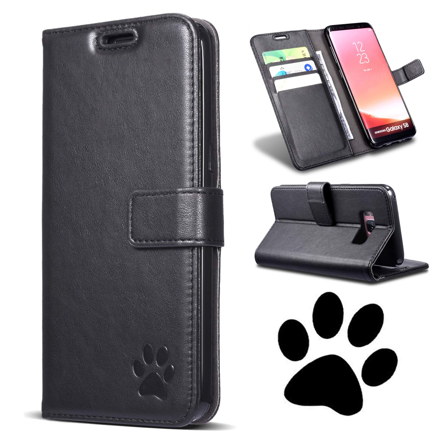 QLTYPRI Wallet Case for Samsung Galaxy S7 Edge, Premium PU Leather Cover TPU Bumper Card Holder Kickstand Shockproof Embossed Bear Paw Pattern Compatible with Samsung Galaxy S7 Edge - Black