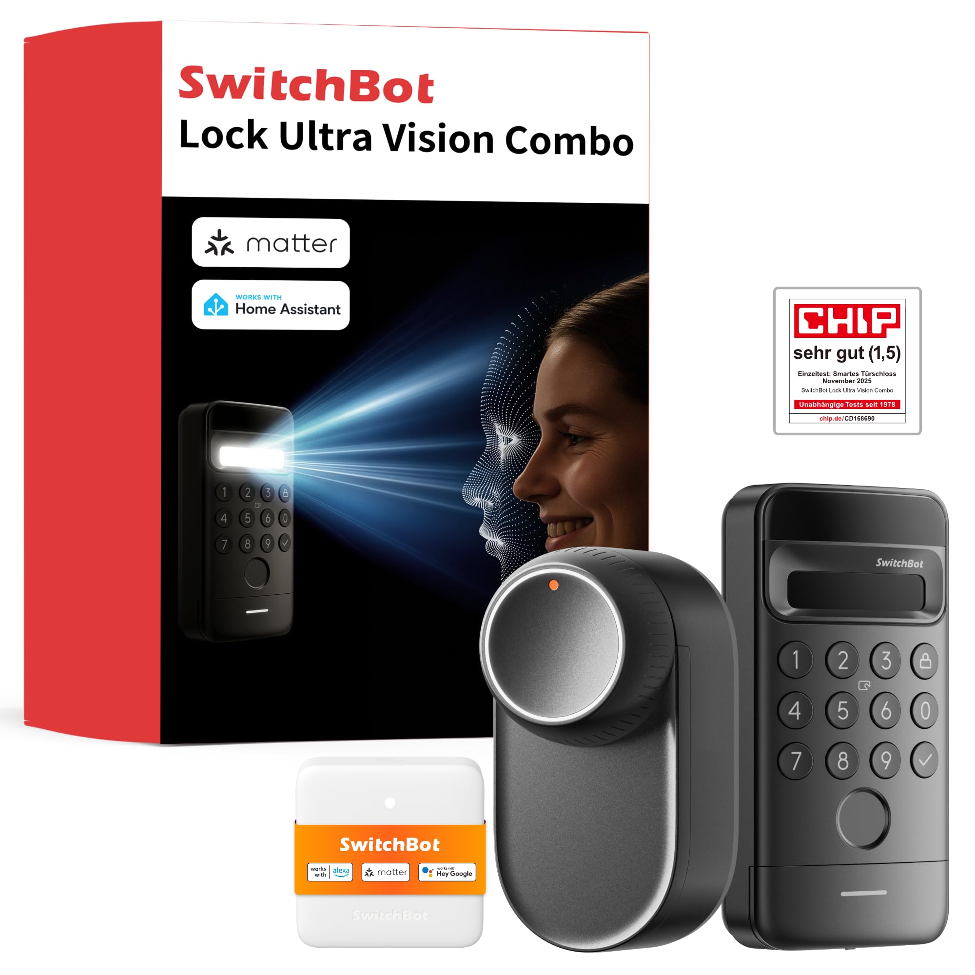 SwitchBot WLAN Smart Lock Ultra mit Keypad Vision, 3D-Gesichts-/Fingerabdruckerkennung, Elektronisches Türschloss mit Aufladbarem Akku, Öffnen per Gesicht, Fingerprint, Code, Alexa, unterstützt Matter