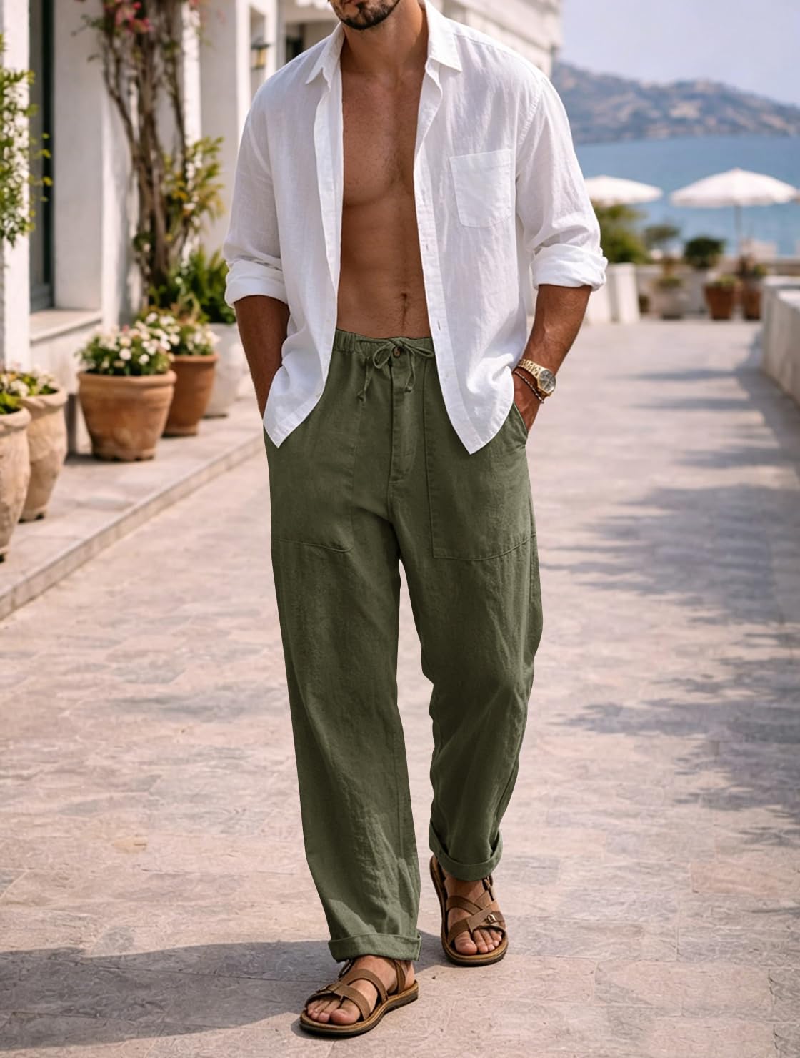 Puimentiua Leinenhose Herren,Lang Leichte Sommerhose,Loose Fit Sommer Leinen Hose,Baumwollehosen mit Tunnelzug und Reißverschluss (S-3XL)