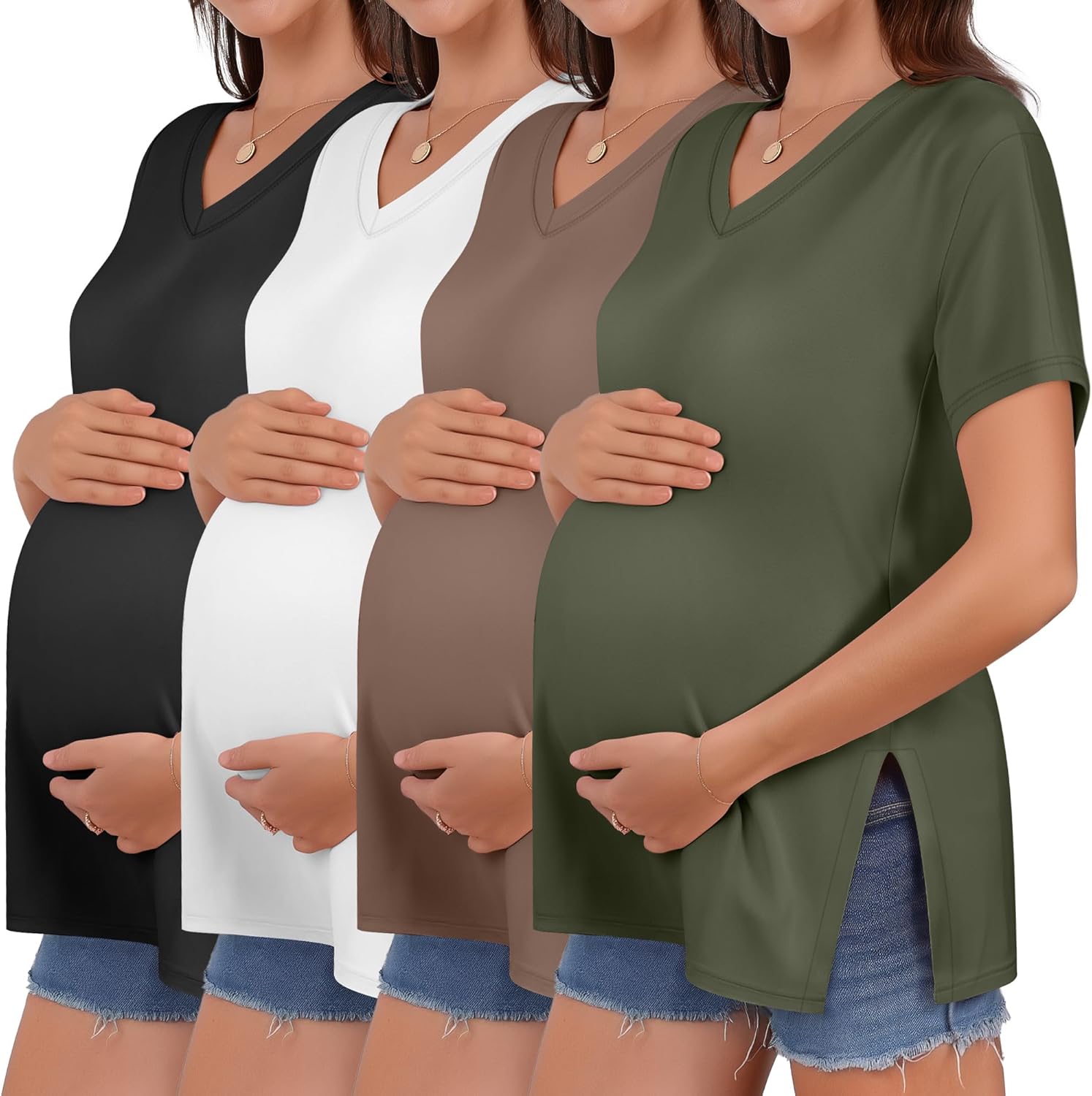 Huukeay 4 Pack Women's Maternity Shirts Loose Fit Summer T Shirts Pregnancy Tunic Tops Side Split Oversized Pregnant Clothes