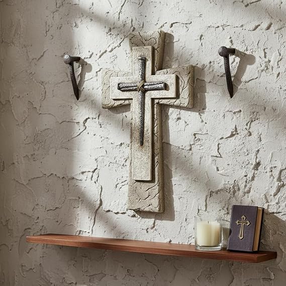 Comfy Hour 12 Faux Stone Wall Cross with Nail Design, Decorative Religious Plaque for Christian Home Office, Artisan Crafted Spiritual Wall Art, Stone Texture Resin Sculpture, 1 Unit