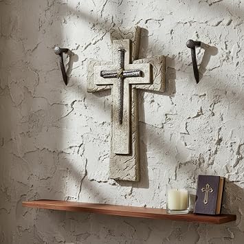 Comfy Hour 12 Faux Stone Wall Cross with Nail Design, Decorative Religious Plaque for Christian Home Office, Artisan Crafted Spiritual Wall Art, Stone Texture Resin Sculpture, 1 Unit