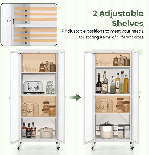 Miniatura 4 de Giantex Estantería con puertas, estantería de 4 niveles de 58 pulgadas de alto con ruedas, estantes ajustables, marco de metal resistente, gabinete