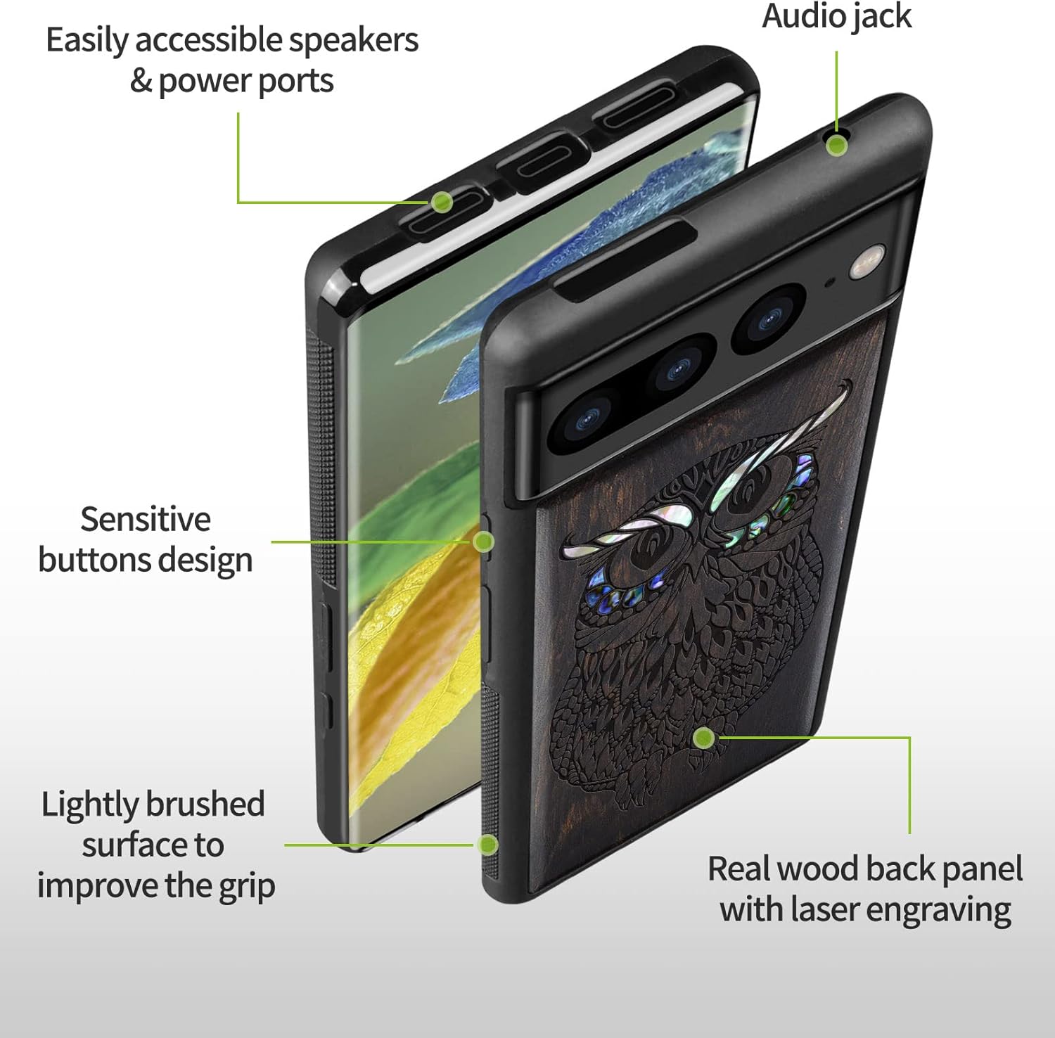 Carveit Designer Wooden Case for Google Pixel 7 Pro Case [Wood Engraving & Shell Inlay] Unique Wood Cover Compatible with Wireless Chargers Pixel 7 Pro (Owl-Blackwood)