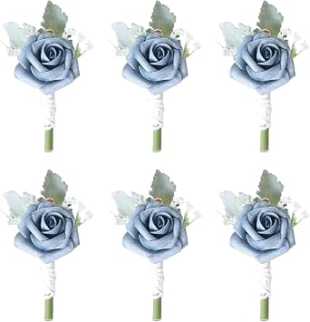 Boutonnieres for Men Wedding Corsage Set of 6 White Rose Groom Boutonniere with Rhinestone for Groom and Best Man for Wedding Party Prom Anniversary Bride Bridesmaid Groomsmen