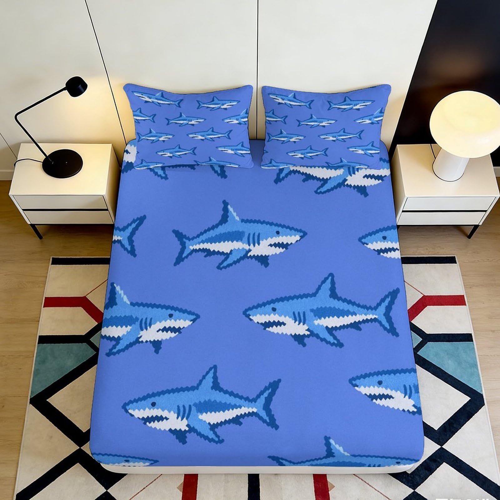 3D Printed Shark Ocean Blue Fitted Sheet Microfiber Soft Mattress Cover Anti-Slip Washable for Bedroom Dorm Decor 120x200cm 160x200x25cm