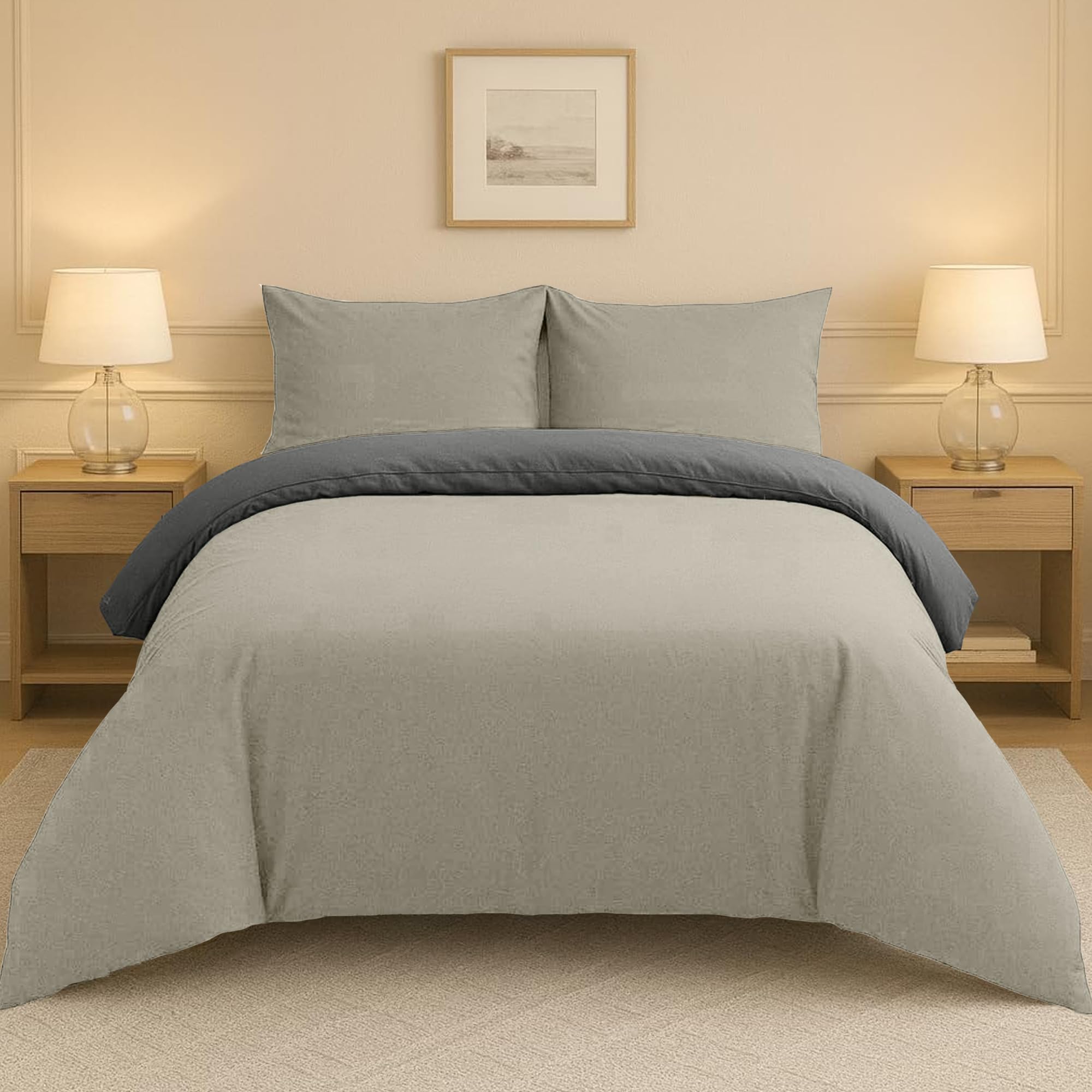 Lions Plain Dye Bedding, Double Duvet Cover Sets with Pillowcase, 3 Piece Ultra Soft Reversible Quilt Covers Bed Set, Microfibre Premium Quality, 200x200cm, Biege Charcoal