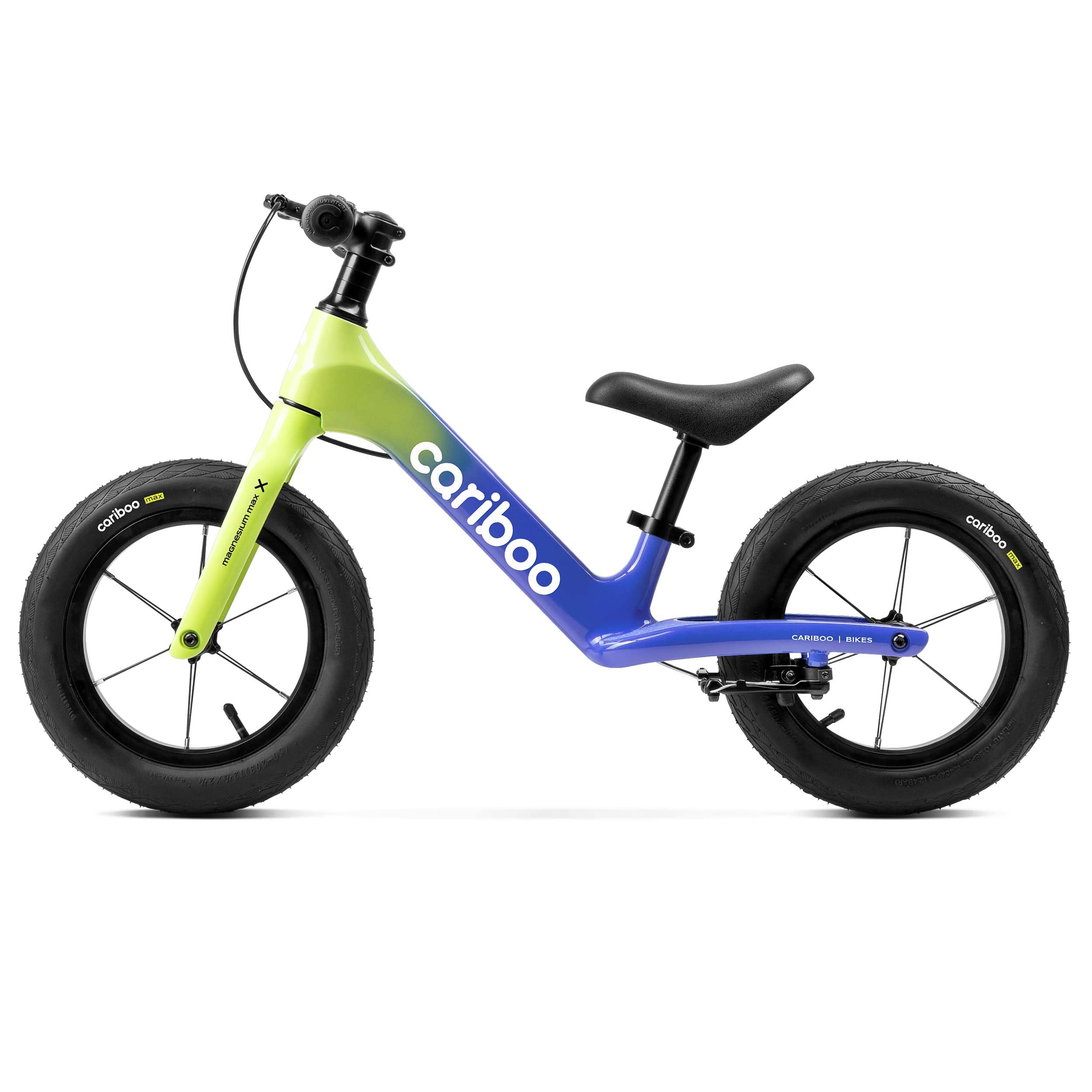 Cariboo Draisienne pour Enfants dès 2 Ans - Ultralégère 3,6 kg - Selle et Guidon Réglables - Cadre en Magnésium, Frein V-Brake - Charge Jusqu’à 30 kg - Magnesium Max Jaune Citron-Bleu