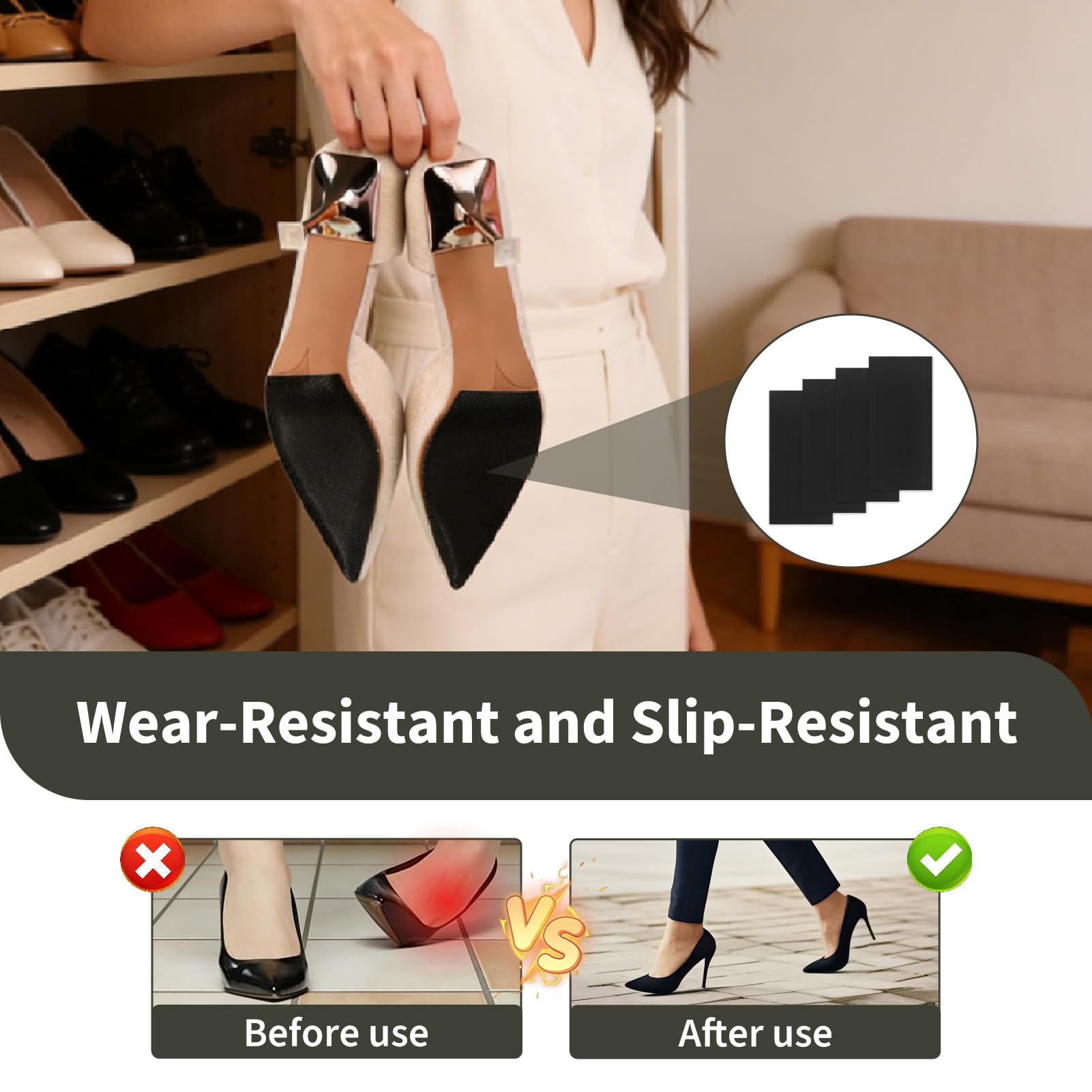 4 Piezas Plantilla Antideslizante para Zapatos, Protectores para Suelas de Zapatos Recortables, Suela Antideslizante Autoadhesiva para Tacones Botas de Cuero Sandalias, Reducción de Ruido Negro — view 5