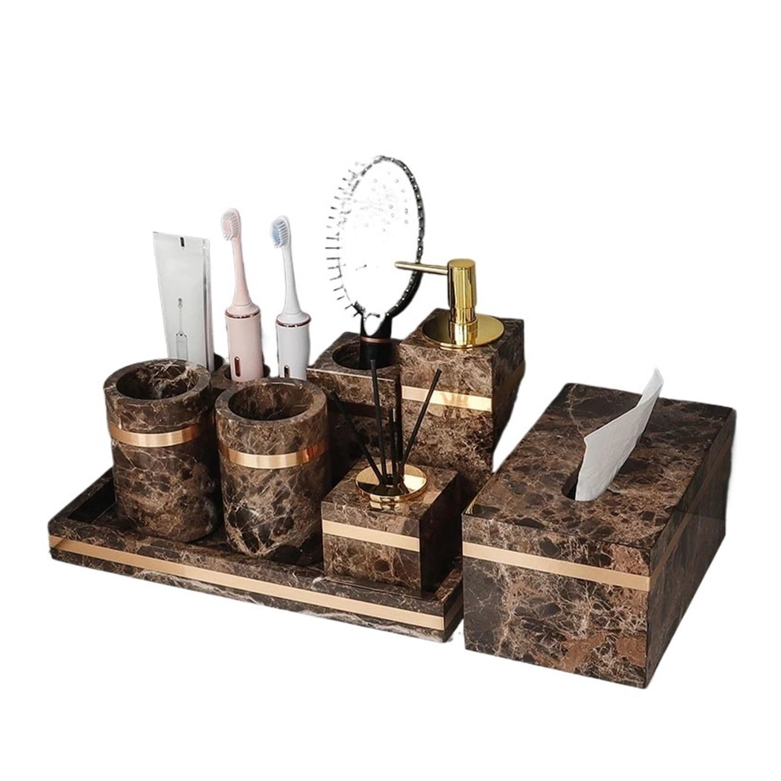 Set de Accesorios de Baño Juego de mármol natural oscuro for baño, soporte de piedra de lujo for cepillos de dientes, taza for dientes, dispensador de jabón, juegos de accesorios for baño(Soap dispens