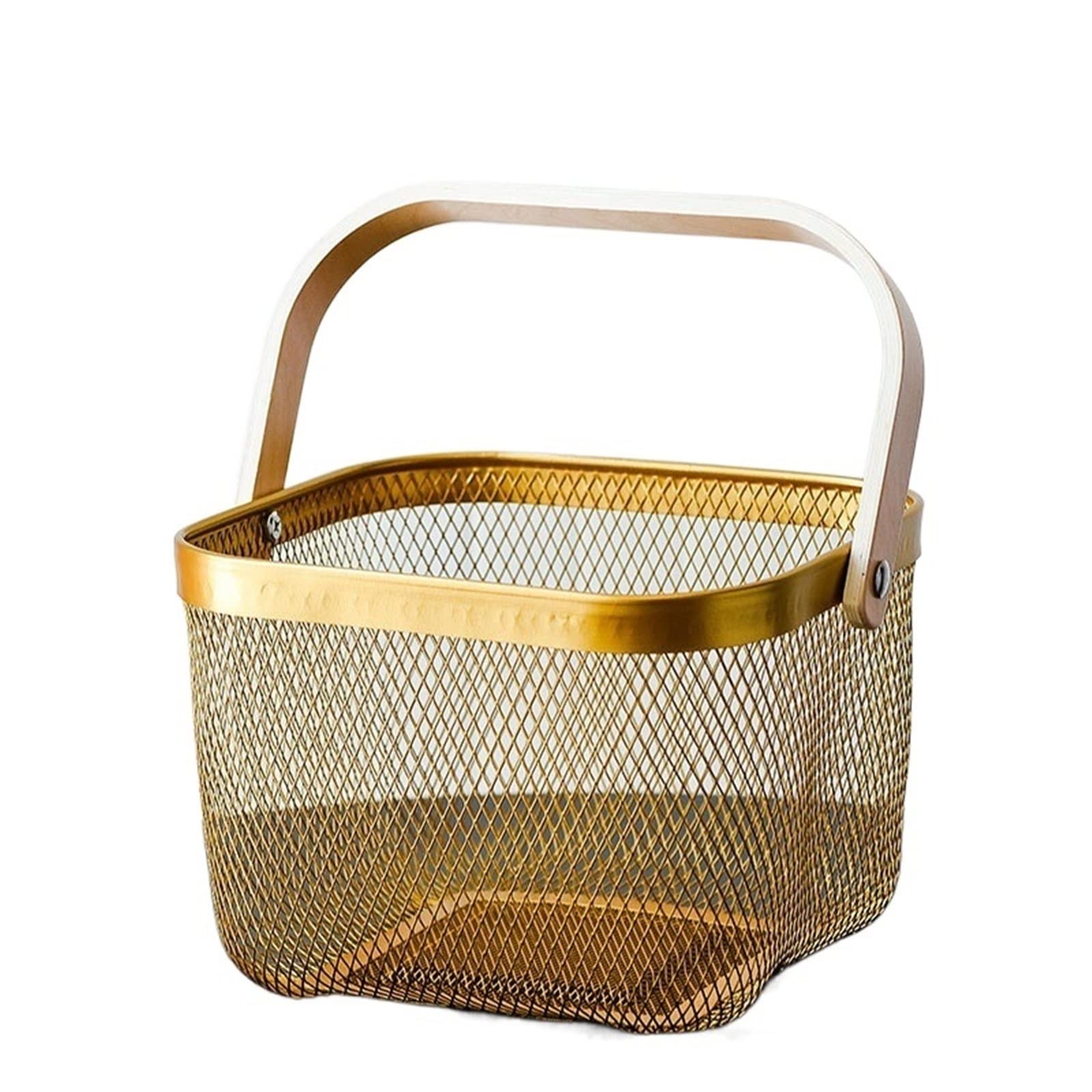 JINGYAN Storage Boxes Fruit Basket Vegetable Storage Box with Wooden Handle Mesh Kitchen Snack Container Organization Bins Makeup(Yellow)