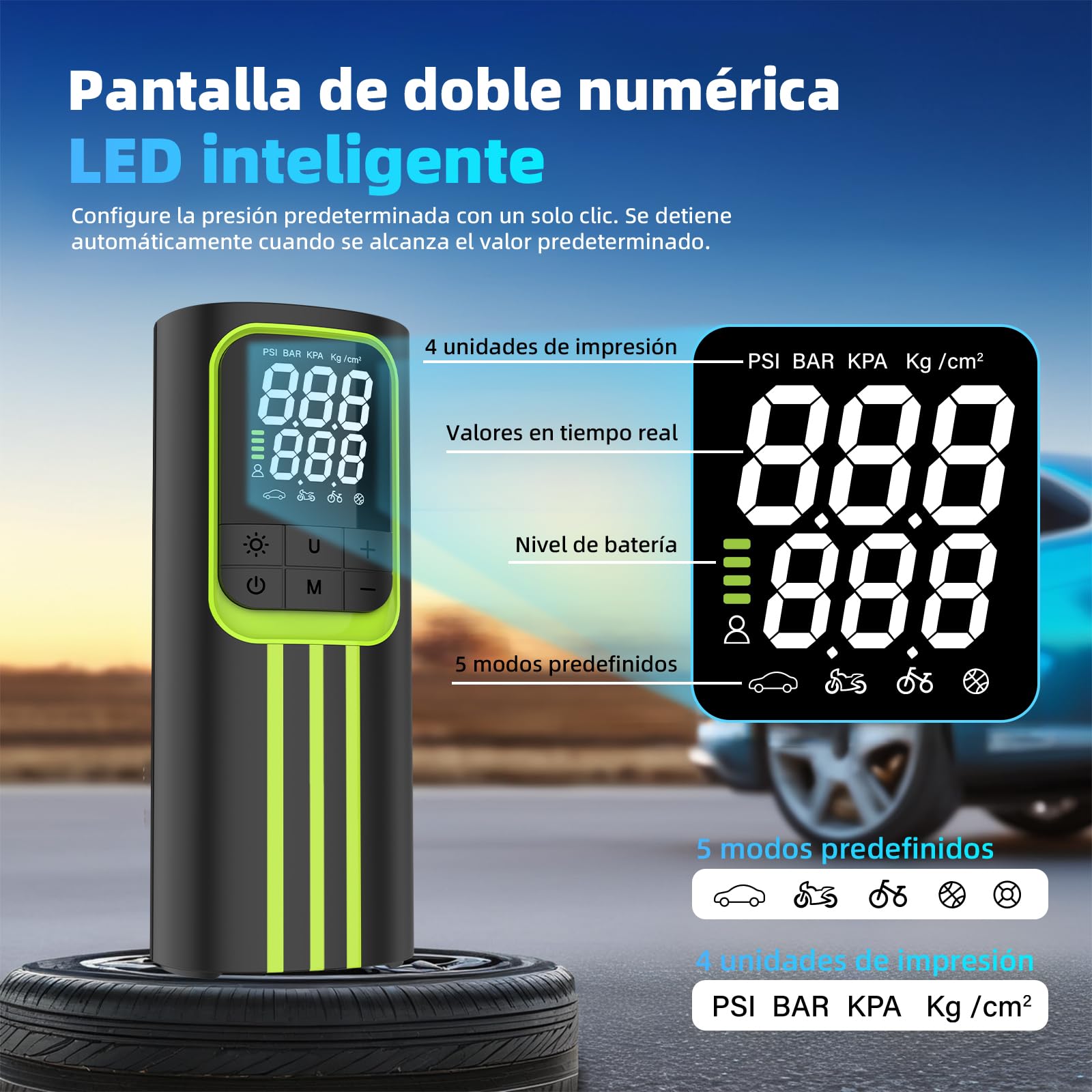 Compresor Aire Portatil, Inflador Ruedas Coche 150 PSI Inalámbrico, Batería Recargable con Pantalla Digital y Luz LED, Modos Automáticos de Inflado, para Coche, Moto, Bicicleta y Pelotas,Negro y verde
