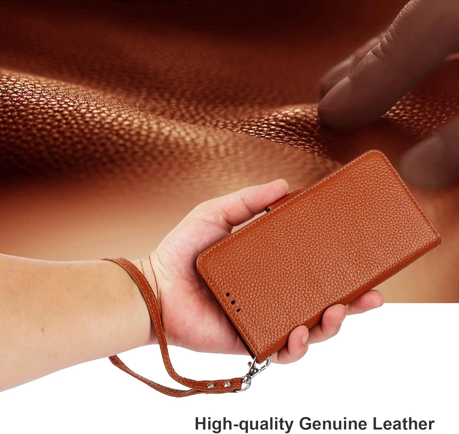 Bocasal Wallet Case for iPhone 15 Pro Max 5G, Genuine Leather Support Wireless Charging RFID Blocking Flip Case Card Slots Holder, Kickstand Book Folding Folio Cover with Wrist Strap 6.7 Inch (Brown)