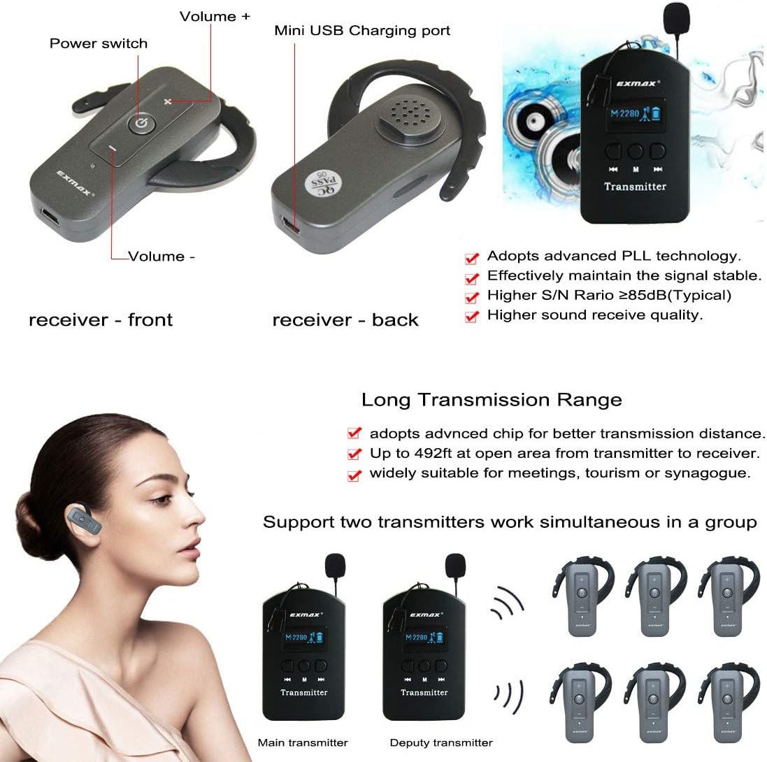 EXMAX EXD-6688 2.4GHZ Wireless Simultaneous Translation Headphones Equipment 9999 Channels for International Conventions Presentations High-level Exhibition Church(1 Transmitter & 5 Receivers)