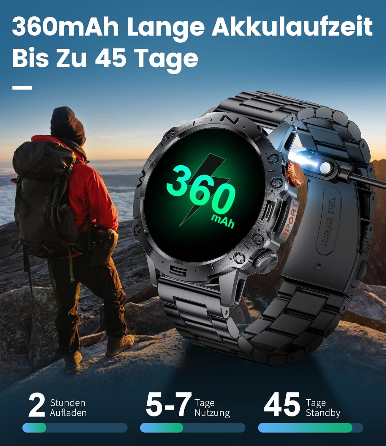 LIGE Smartwatch being charged, with text indicating 360mAh battery, 2 hours charging, 5-7 days usage, and 45 days standby.