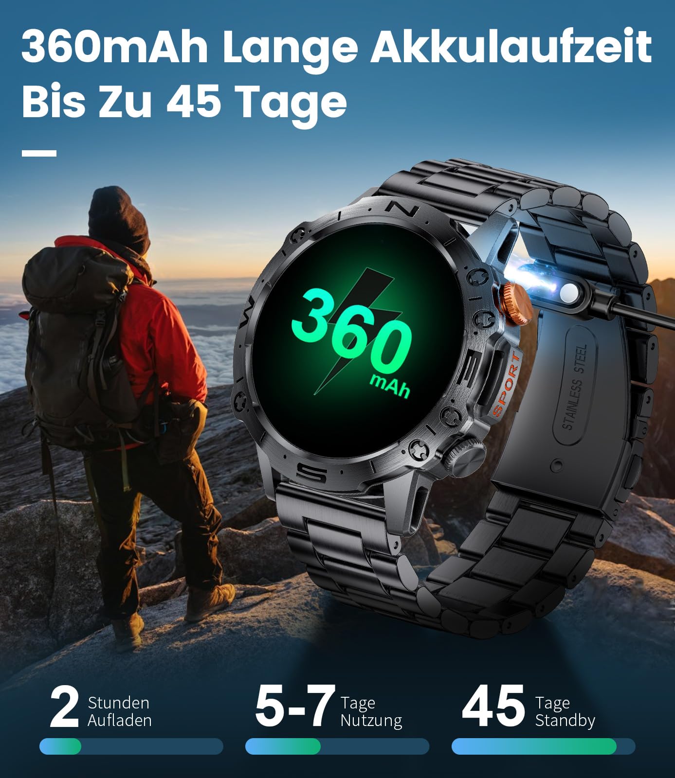 LIGE Smartwatch Herren mit Telefonfunktion für Android iOS 1.43'' Amoled HD Outdoor Sportuhr Smartwatch mit 110 Sportmodi,Pulsmesser/Schlafmonitor,IP68 Wasserdicht Schrittzähler,400mAh Batterie