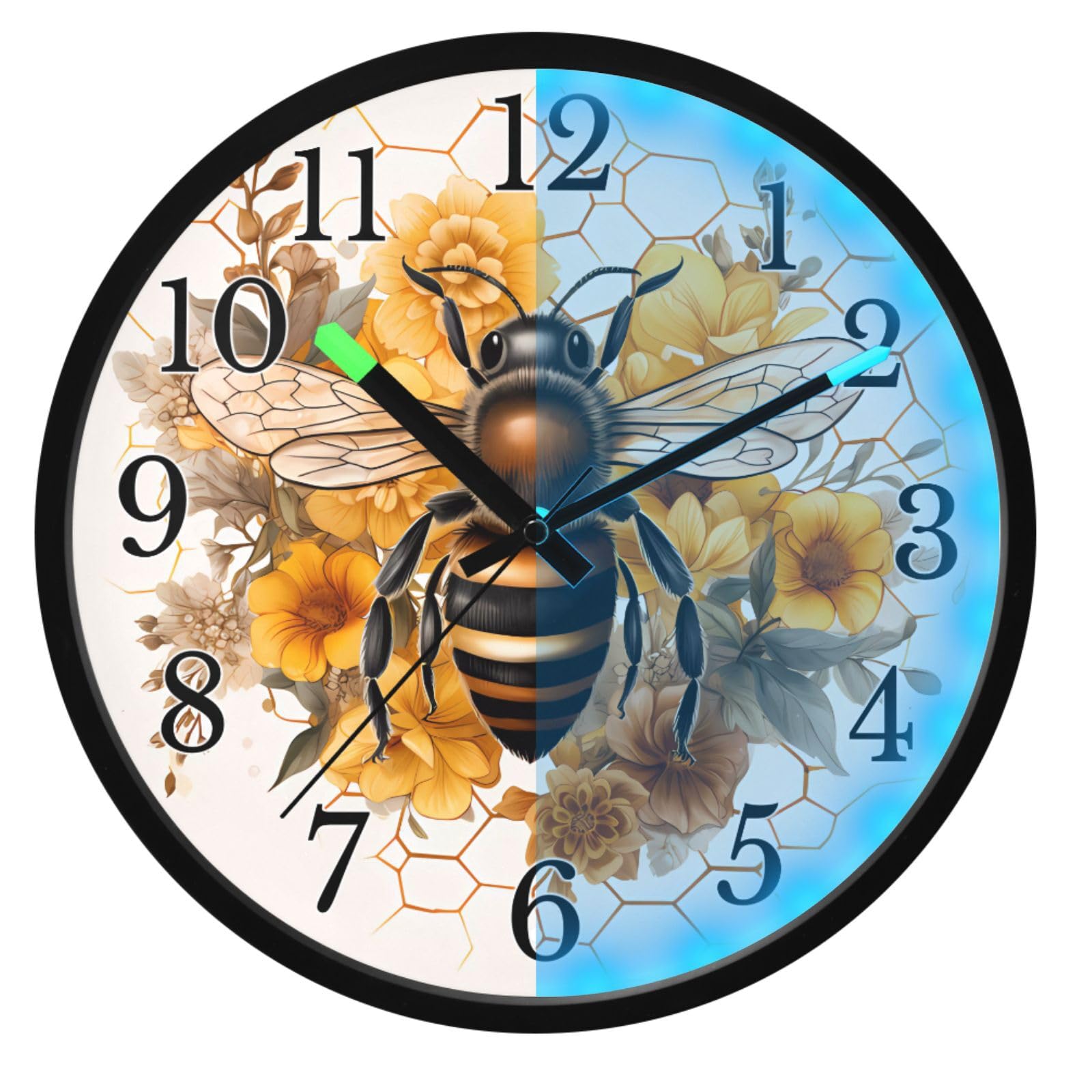 Mnsruu Reloj de pared luminoso con diseño de abeja, girasol, acuarela, funciona con pilas, silencioso, brilla en la oscuridad, para sala de estar, cocina, 12 pulgadas