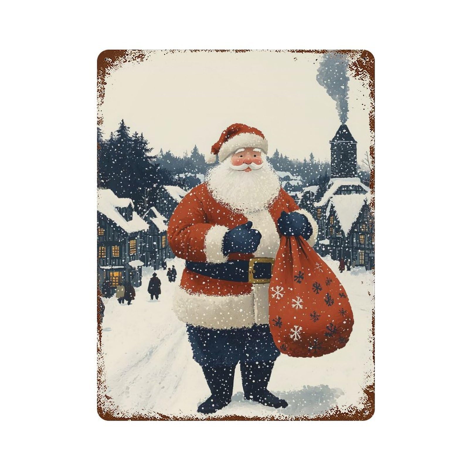 Santa Claus in Snowy Village Christmas Vintage Rust Metal Sign 15.7"x11.8", for Basement, Hobby Room And Garage Decor, Farmhouse Wall Decor