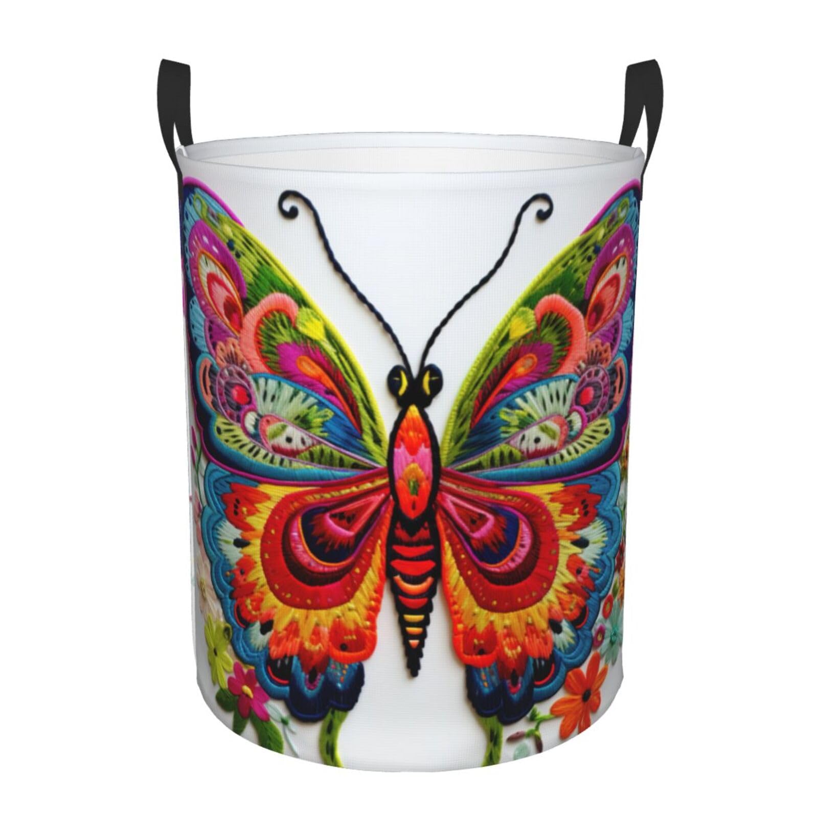 M Collapsible Laundry Hamper Round Embroidery Colorful Butterfly Print Storage