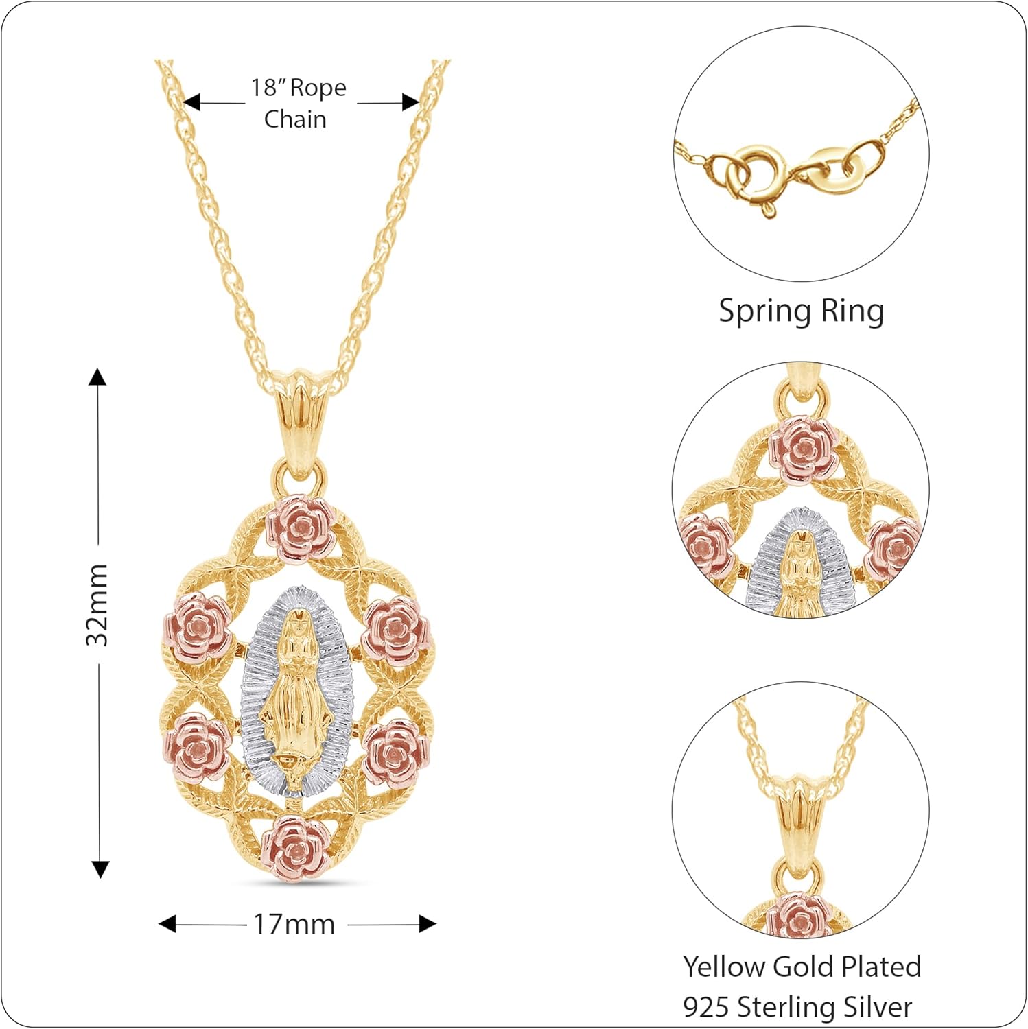 AFFY Our Lady of Guadalupe Pendant Necklace, Three-Tone 14K Gold Over 925 Sterling Silver, Inspirational Religious Catholic Jewelry Gift for Women & Men with 18" Rope Chain - Image 2