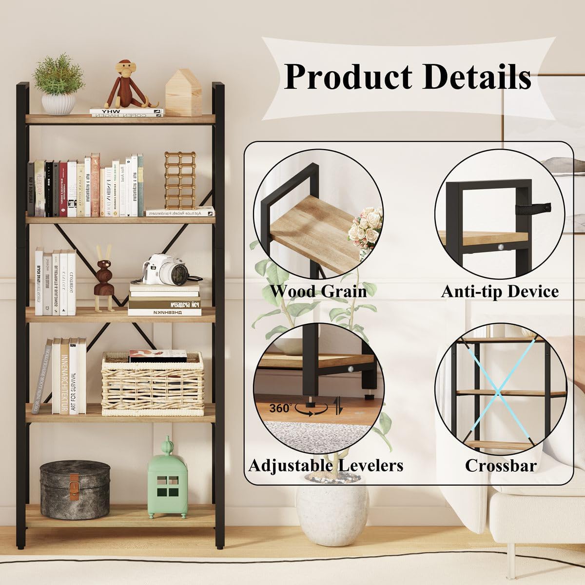 FATORRI Industrial 5 Tier Bookshelf and Small Bookcase for Home Office (Rustic Oak)