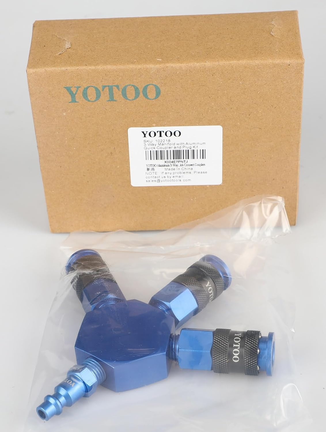 YOTOO 3-Way Air Manifold, Air Hose Splitter with Aluminum 3 Universal Quick Connect Couplers and 1/4" NPT Male Industrial Air Plug for connecting air compressor, air hoses and air tools, Blue