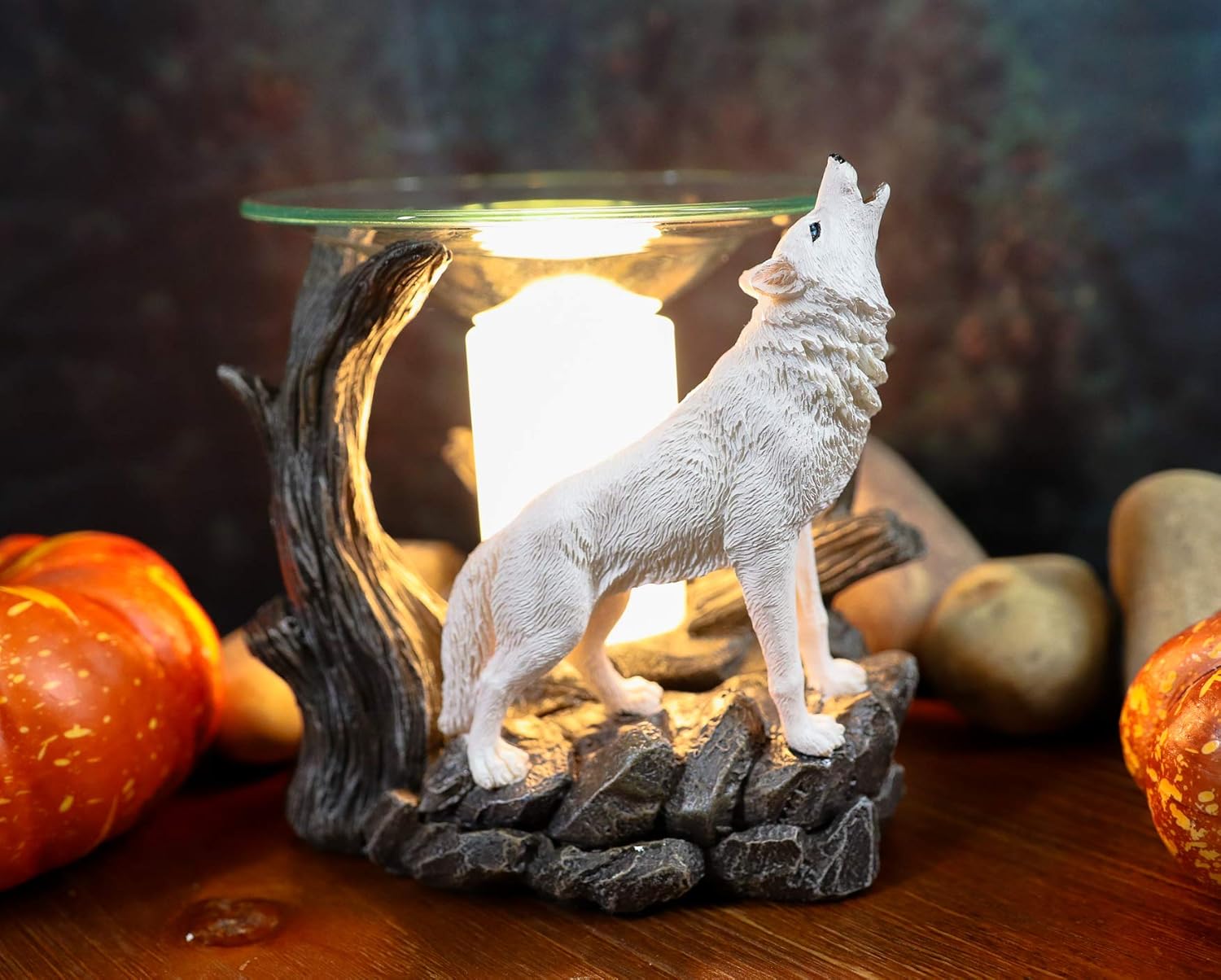 Ebros Arctic Tundra Forest Snow White Ghost Wolf Howling at The Moon Electric Oil Burner Tart Warmer Aroma Scent Statue Night Light Home Fragrance Aroma Accessory Spirit Wolves Timberwolf Figurine