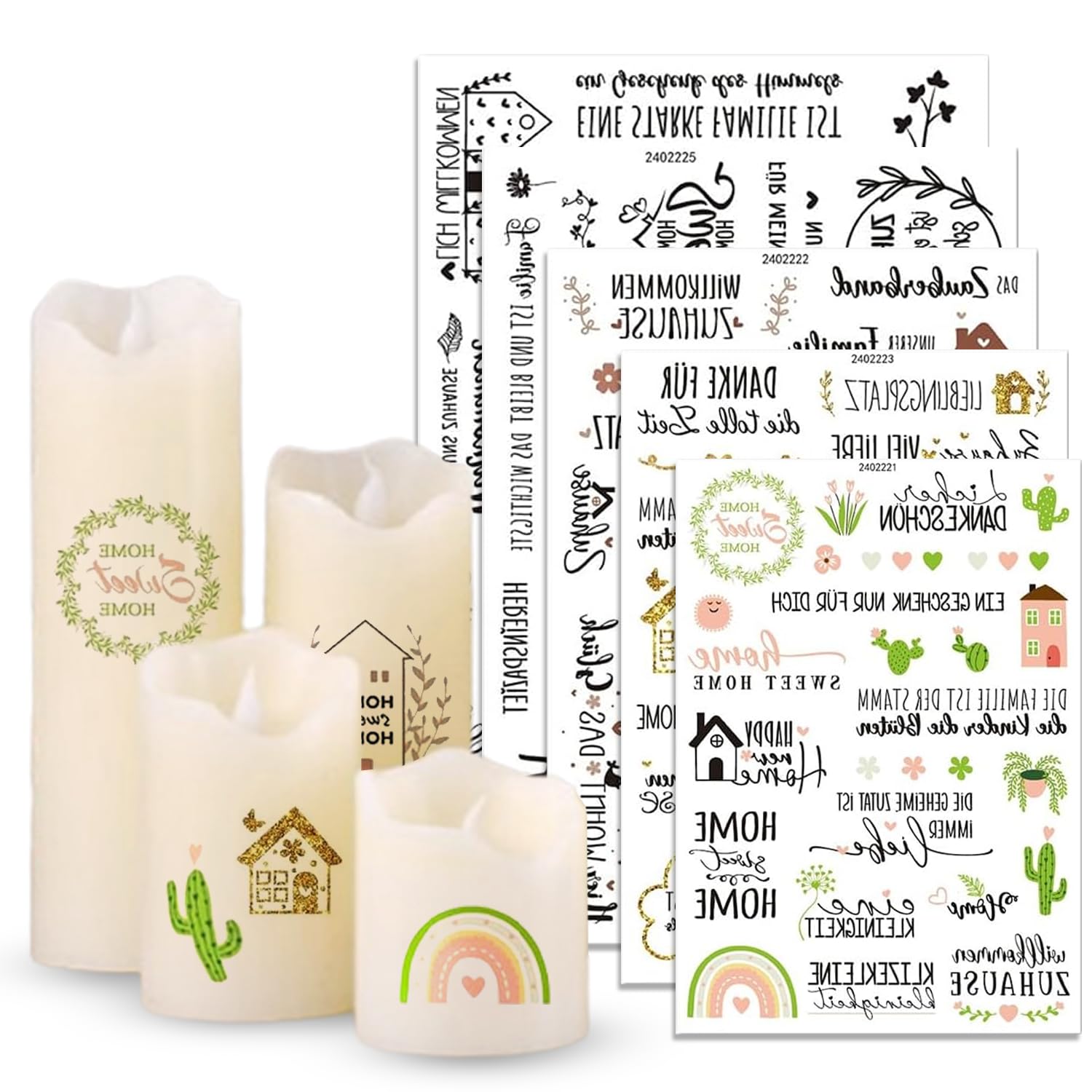 Rub On Sticker 5 Sheets Cosy Sayings Candle Tattoos - Transfer Sticker Water Slide Film for Candles, Glass, Wood, Furniture DIY Crafts Decoration Gift (Black Type A, Colourful Type B) (Colourful Type