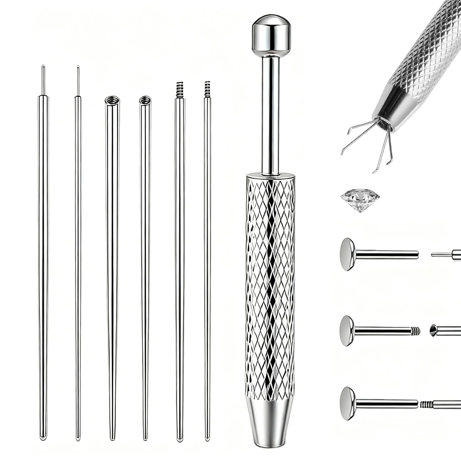 7 Pcs Piercing Ball Grabber and Opener Set - 16G 18G Compatible Piercing Taper Insertion Tool, Stainless Steel Piercing Tools to Change Jewellery, Flat Back Earring Applicator for Ears Nose Lip