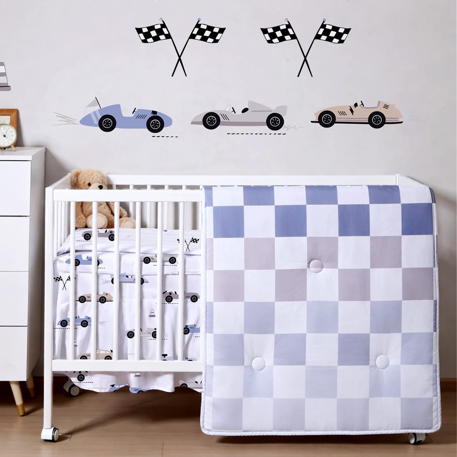 5 Pcs Cars Theme Baby Crib Bedding Set Include Checkered Crib Sheets Bed Skirt Comforter Pad Cover Wall Stickers for Boys Transportation Nursery Room Decoration