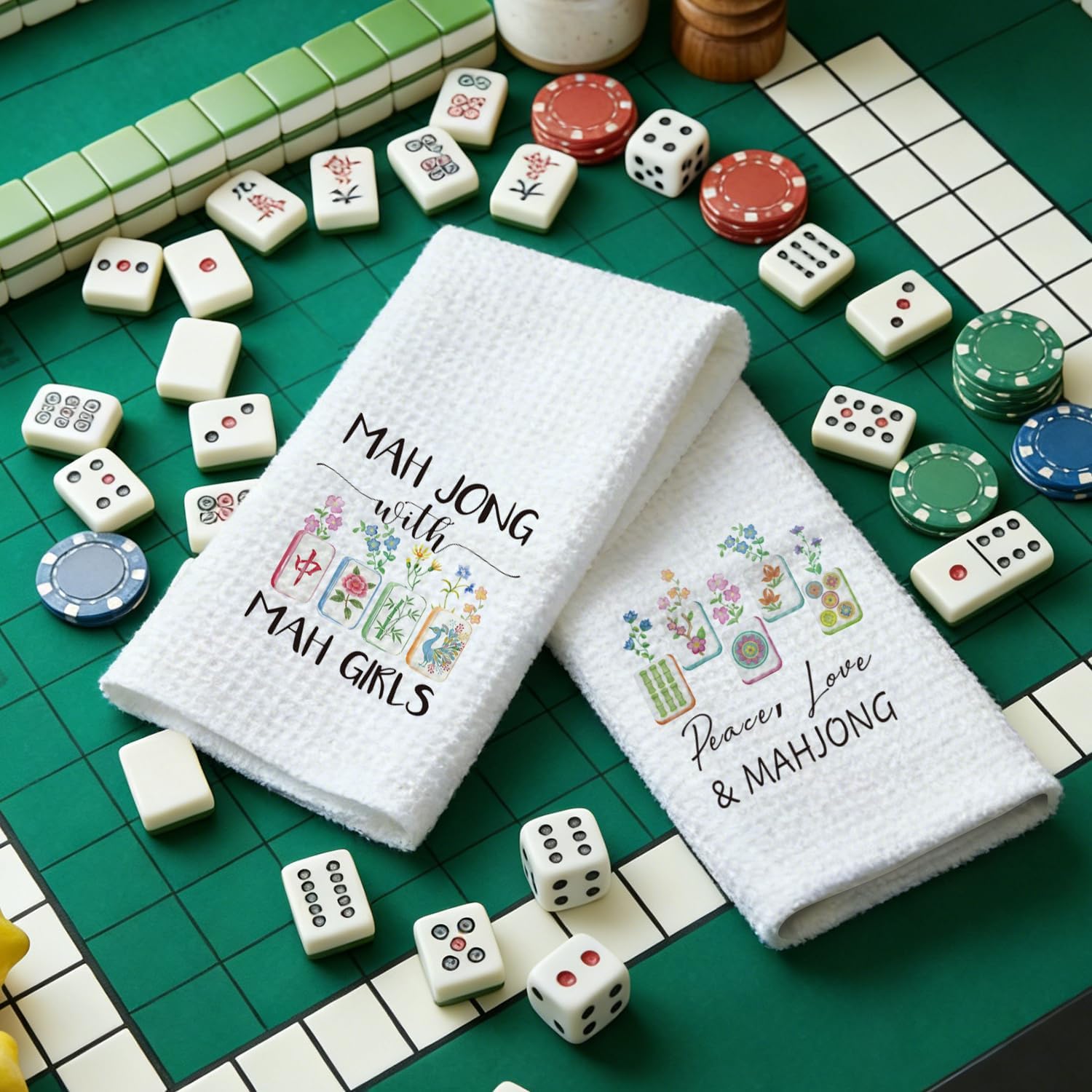 Mahjong Gifts Dish Towels for Women Friends, Set of 2 Floral Mahjong Decorative Waffle Weave Kitchen Towels for Home Bar Bathroom, Housewarming Birthday Mothersday Gifts, Peace Love & Mahj