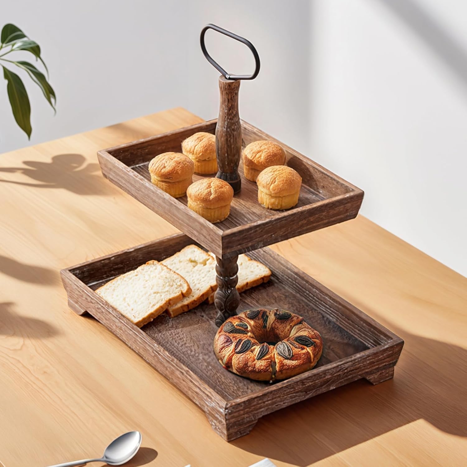 Rustic 2-Tier Charcoal Wood Serving Tray - Rectangular Display Stand for Cupcakes, Bread & Fruits, Farmhouse Kitchen Decor