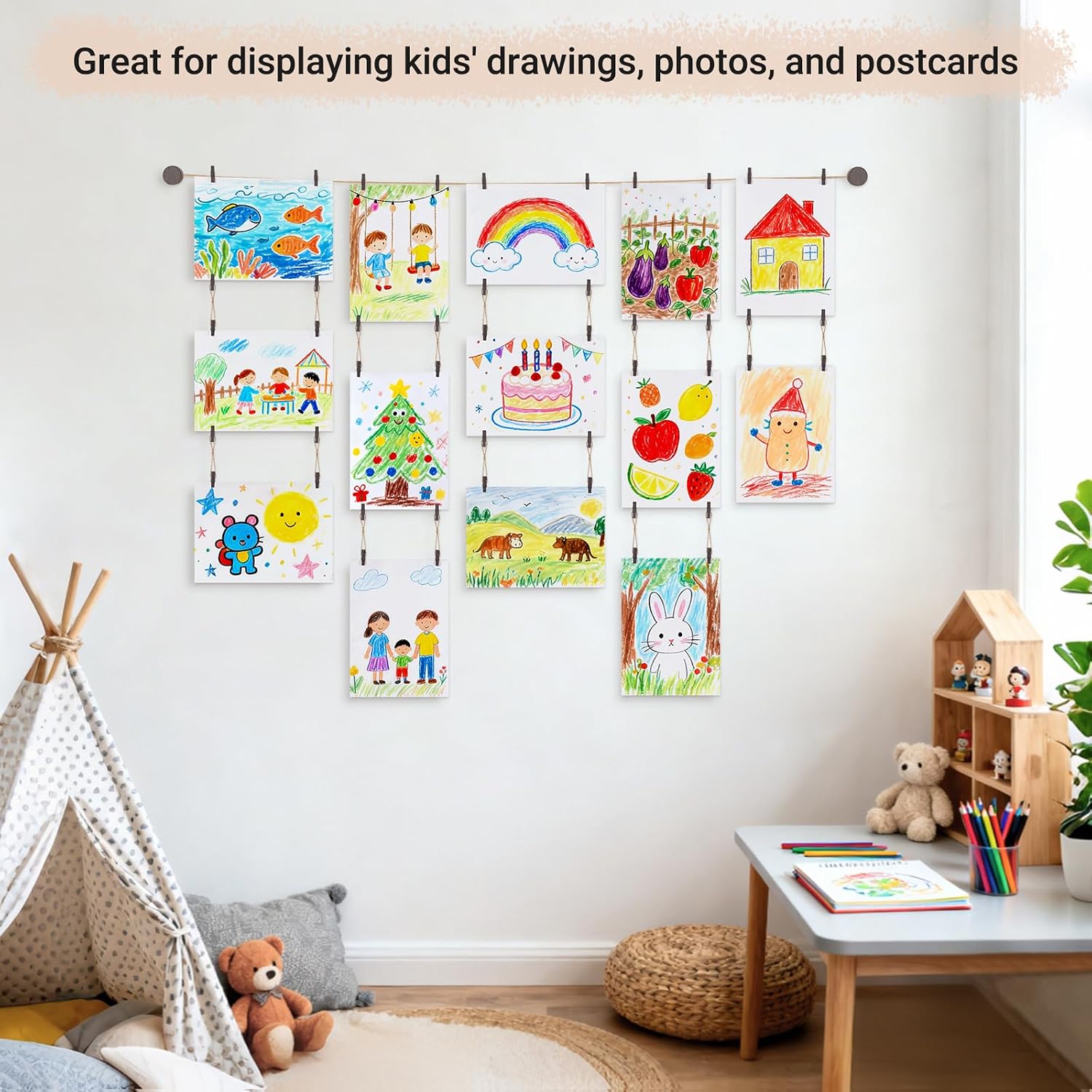 Mkono Art Display for Kids Artwork, 59" L Hanging Rope Boho Wall Decor with 34 Clips, Kids Art Collage Pictures Holder, Wall Hanging Decoration for Room Bedroom Playroom Classroom, Brown