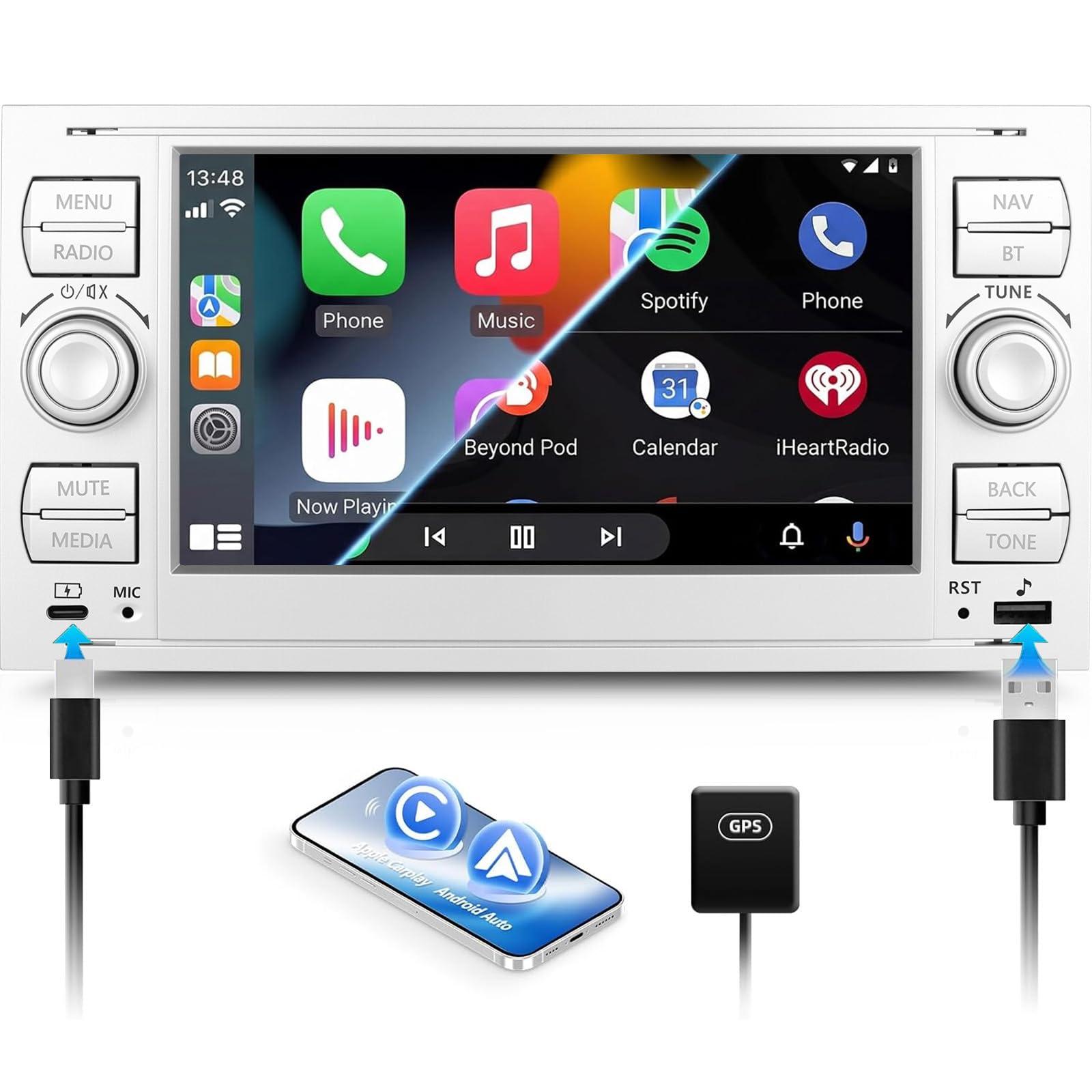SIXWIN Radio samochodowe 4 + 64 G Android 15 z CarPlay/Android Auto/Mirror Link do Ford C-Max/Galaxy/Connect/Fiesta/S-Max, ekran dotykowy HD z WiFi GPS Bluetooth 5.0 FM/RDS 32EQ USB/Type-C (srebrne)